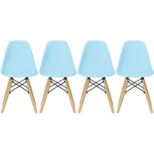 2Xhome - Set Of Four (4) - Blue - Kids Toddler Size Side Chairs Natural Wooden Dowel Eiffel Legs Armless Molded Plastic Seat #TOP29