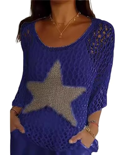Image of CORIRESHA Women's Summer Star Crochet Sweater Scoop Neck 3 /4 Sleeves Hollow Out Knit Beach Cover Up
