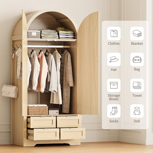 Curlaky Armoire Wardrobe Closet with 4 Drawers - Wood Bedroom Armoires and Wardrobes with Rattan Doors for Hanging Clothes, Tall Clothing Cabinet Arched Closets for Cloak Room, Large Capacity Storage - Thumbnail 3