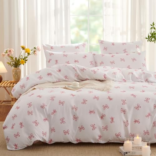 Tospass Housse de Couette 220x240cm Blanc Rose Noeud Papillon Parure de Lit 2 Personne Fille Adultes avec Fermeture Éclair Housse Couette en Microfibre avec 2...