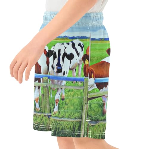 CHIFIGNO Grassland Cows Pull-On Boys Casual Shorts Elastic Waist Youth Boys Thick Summer Shorts with Pockets XS4