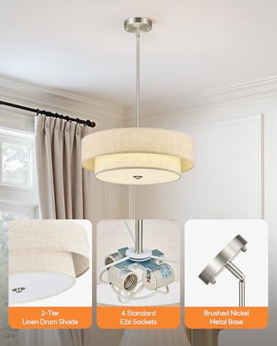 Image of VONLUCE 18 inch Modern Drum Chandelier, 4-Light 2-Tier Linen Pendant Light