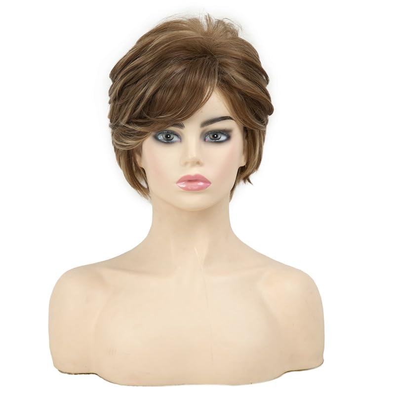 Perruque avec frange soignée cheveux bouclés bruns courts et son bandeau