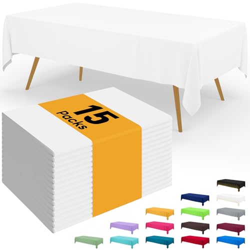 Image of Smiry Disposable Table Cloth - 15 Pack, 54 x 108 Inch Waterproof Rectangle Tablecloths for Parties, Decorative Plastic Table Cover, Leakproof & Sturdy, White
