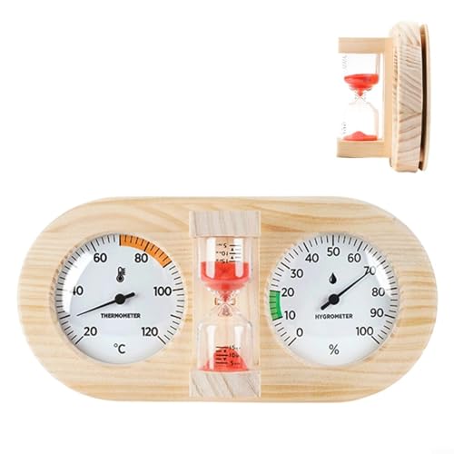 EXTRWORY Thermomètre hygromètre de sauna 3 en 1 en bois de pin avec affichage transparent pour sauna, salle de bain, spa, salle de bain, café (rouge)