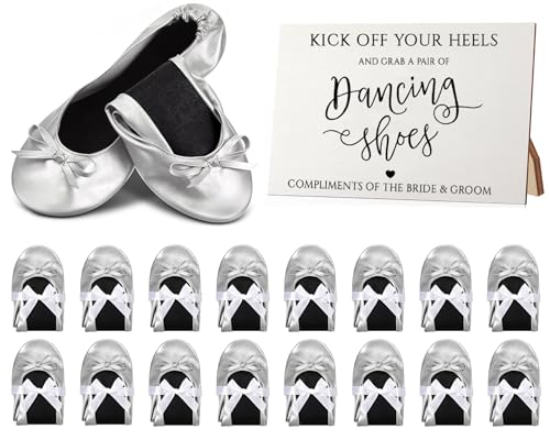 Jecery 36 Pairs Bridal Shower Supplies Wedding Foldable Flat Set Ballerina Slippers Floral Party Signs Portable Travel Ballet Flat Bulk Wedding Dancing Shoes for Guests Bridesmaids (Silver)