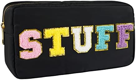 Nylon Waterproof Preppy Makeup Bag- Women Chenille Letter Portable Travel Organizer Pouches for Toiletries and Cosmetics Storage Bag with Patches (Beige-Skin)