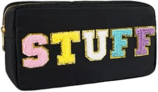 Nylon Waterproof Preppy Makeup Bag- Women Chenille Letter Portable Travel Organizer Pouches for Toiletries and Cosmetics Storage Bag with Patches (Beige-Skin)