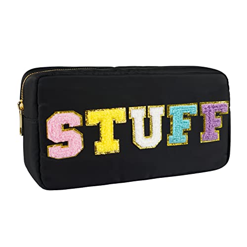 Preppy Patch Makeup Bag-Nylon Cosmetic Preppy Makeup Stuff Bag With Zipper-Varsity Stoney Clover Chenille Letter Makeup Travel Organizer Valentines Bag That Kid Valentines Day Gifts For Her And Him #TOP2