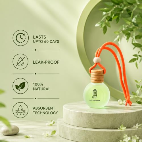 Image of UNO AROMA Jasmine Car Air Freshener, 15ml, Long Lasting Hanging car perfume, Toxin-Free Oil in Glass Bottle with Wooden Diffuser, Car Accessories for fresh aroma, Last Upto-60 Days