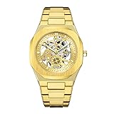 GORBEN Men's Skeleton Wrist Watch, Quartz Watches for Men, Minimalist Watch with Diamonds for Birthday Graduation Wedding Gifts, Business Wristwatches Stainless Steel Watches (Gold)