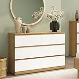 YIGOBUY ​6 Drawer Double Dresser White Wood Dressers Modern Chest of Drawers Wide Natural Wood Dresser for Bedroom, Nursery, Living Room, Large Storage Cabinet