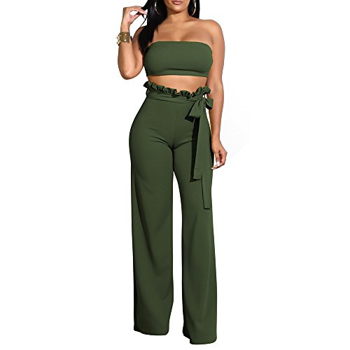Two Piece Wide Leg Pants Set for Women Crop Top Outfits Girls Palazzo Pant M ArmyGreen