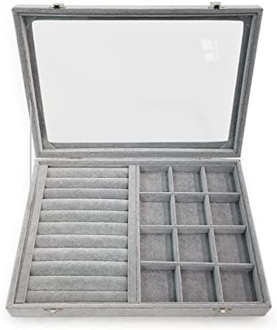 Maymooner Ice Velvet Rings Organiser Box Mix 12 Grids Jewellery Tray Display Showcase with Clear Lid and Lock Grey