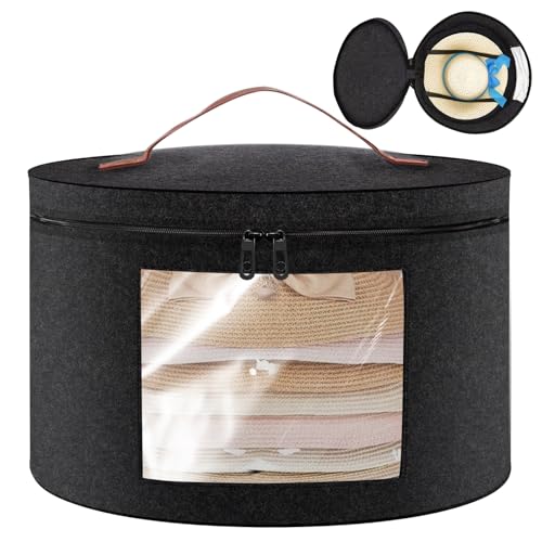 Round Hat Boxes with Lids, 43 x 26cm Soft Felt Hat Storage Box Dark Grey Hats Organiser, Foldable Travel Hats Boxes Storage with Transparent Window and Handle Zip for Storing Clothes, Toys