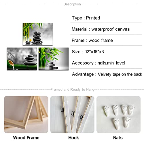 Zen Canvas Wall Art Still Life With Bamboo Stone - Modern Artwork Green Bamboo Picture Framed Contemporary Home Decoration Ready To Hang 12"X16"X3Panels #TOP5