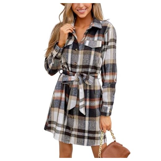 CUPSHE Damen Bluse Kleid Kariert V-Ausschnitt Hemdkleid Knopfleiste Langarm Herbst Winter Freizeitkleider Mini Dress