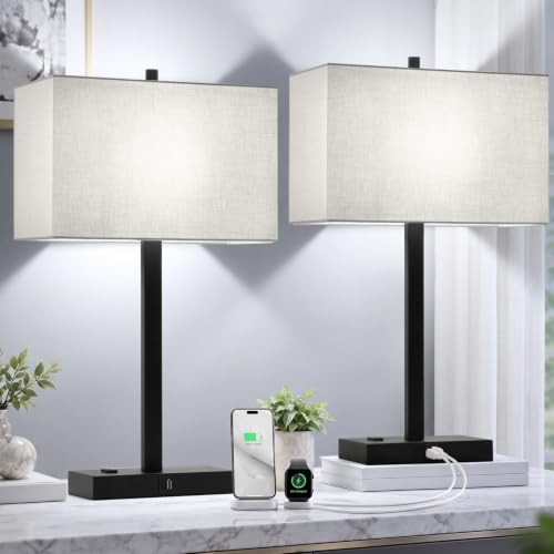 Lynnoland Set of 2 Touch Control Table Lamps with 2 USB & AC Outlet, 3-Way Dimmable Bedside Nightstand Lamps for Bedroom Living Room Nursery, 800 Lumens 5000K Daylight Bulbs Included