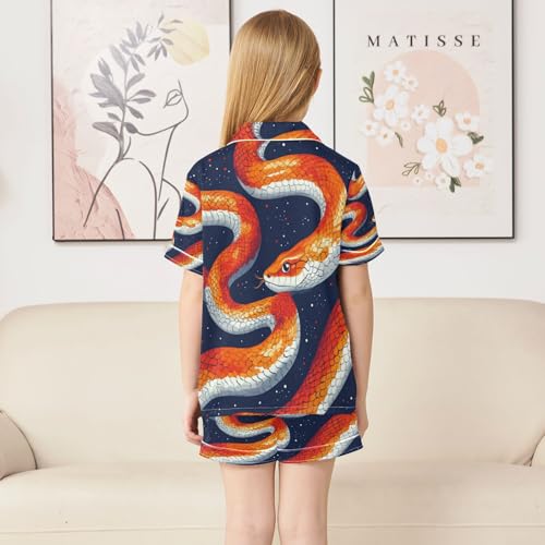 Satin Pajama Sets Short Sleeve Watercolor Orange Snake Pattern Button Down Silky Nightwear 2 Piece PJS 5-14Y4