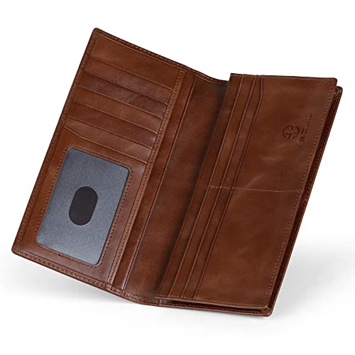 Image of VISOUL Leather Checkbook Cover Wallet for Men with RFID Blocking, Mens Long Bifold Cash Tall Wallet with 11 Credit Card Slots 1 ID Window (Brown)