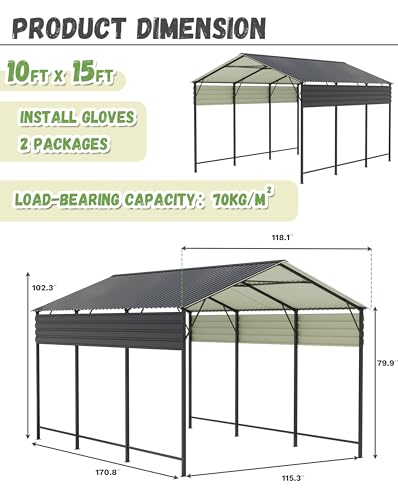 Image of Greesum 10x15FT Metal Carport with Heavy Duty Frame and Galvanized Steel Roof, Vertical Carports with Side Support Rods, Canopy Shelter for Car, Pickup Trucks, Party, Boats, Gray
