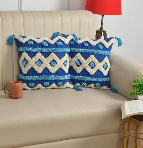Image of TIB Premium Boho Cushion Covers 16 inch x 16 inch | Decorative Throw Pillow Covers Set of 2 with Tassel Accent for Sofa, Couch, Living Room & Bedroom | Blue Infinity