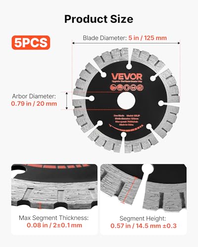 Image of VEVOR Diamond Blades 5 inch, 5-Pack Wall Chaser Saw Blade Cutting Blade, 0.79 in Arbor, High-Hardness Diamond Segments, 65Mn Steel Core, Dry Wet Cutting, Clean Edges for Concrete Brick Stone Cement