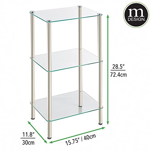 Mdesign Metal/Glass 3-Tier Storage Tower, Narrow Shelving Display Unit, Open Glass Shelves; Multi-Use Stand For Living Room, Bathroom, Home Office, Hallway, Bedroom Organization - Satin/Clear #TOP3