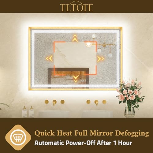 TETOTE Led Bathroom Mirror 36 x 36 with Brushed Gold Frame Anti-Fog Frontlit & Backlit Vanity Mirror Stepless Dimmable Lighted Mirrors for Bathroom Wall 3 Colors White/Warm/Natural Wall-Mounted