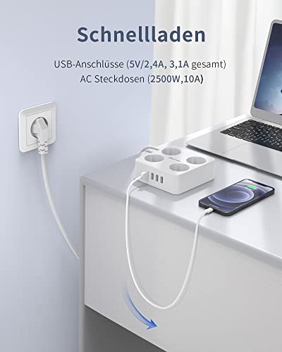 Multiprise avec USB compacte munie de 4 prises de distribution et montage mural