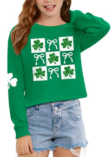 Image of Tween Girl St. Patrick's Irish Lucky Four Leaf Glitter Clover Bow Crop Top Green White Long Sleeve Shirt 14 Years