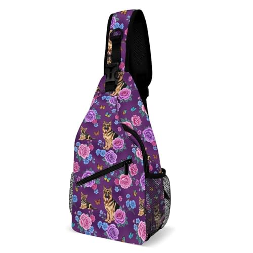 Fashion Traveling Running Casual Chest Bag, Dress Decor Sling Backpack, Shoulder Bag Casual Day Pack Rose Flowers German Shepherd Purple