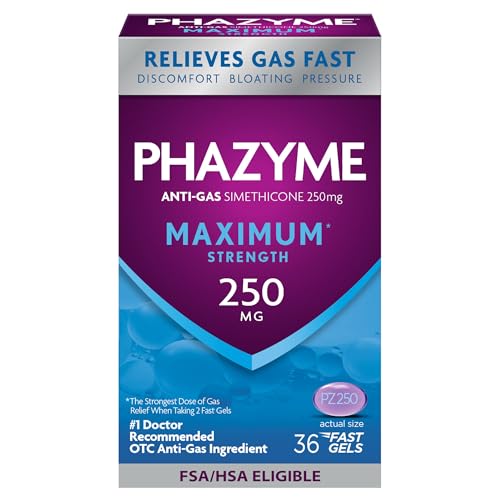 Phazyme Maximum* Strength Anti-Gas 250 mg Simethicone Gas Relief for Adults Fast Gels Quickly Ease Bloating Pressure & Discomfort 36 Count