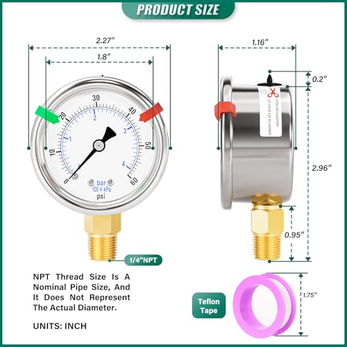 Image of 0-60Psi Stainless Steel Dry Low Pressure Gauge 1 /4 inch NPT 2 inch Dual Scale Dial, Lower Mount, Waterproof for Water Oil Air Well pump, compressors, Tire Gas Pressure Test (with Range Mark Pointer)