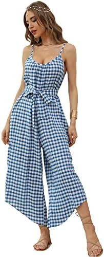 wexcen Jumpsuits for Women Casual Wide Leg Long Rompers Summer Overall Spaghetti Strap Beach Boho Jumpers with Belt(Plaid-Blue,XXL)