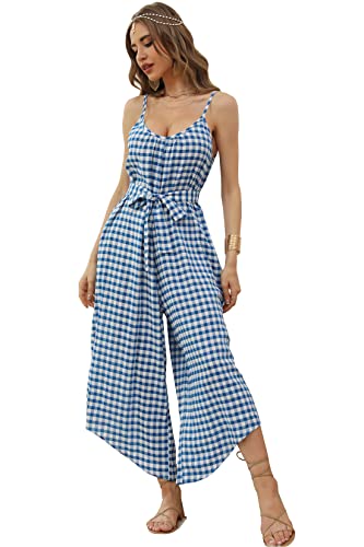 Wexcen Jumpsuits For Women Casual Wide Leg Long Rompers Summer Overall Spaghetti Strap Beach Boho Jumpers With Belt(Plaid-Blue,Xxl) #TOP26