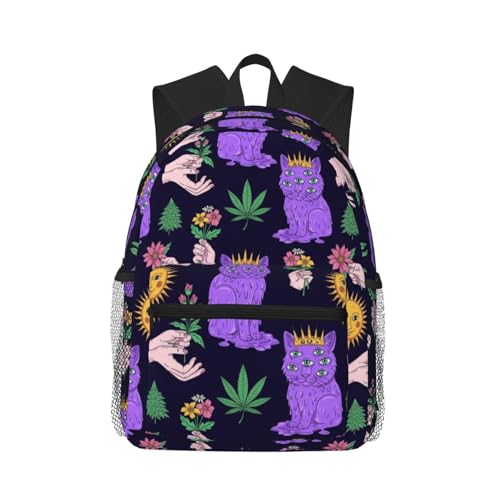 Casual Daypack Big Capacity Anti-Theft Multipurpose Shoulder Bag for Outdoors Bicycle, Halloween Trippy Eyes Cat Weedleaf Flower Bags, Travel Hiking Daypack Lightweight Waterproof
