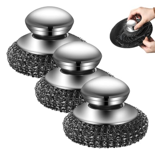 Image of Steel Wool Scrubber, Stainless Steel Scrubber with Handle, Grill Cleaning Brush (3PCS)