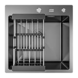 ANW HOME Lavello Cucina 1 Vasca Acciaio Inox 50x50 cm Senza Gocciolatoio, Grafite PVD con Rivestimento Nano, Spessore 3,0+1 mm, Profondità 22 cm, con Sifone