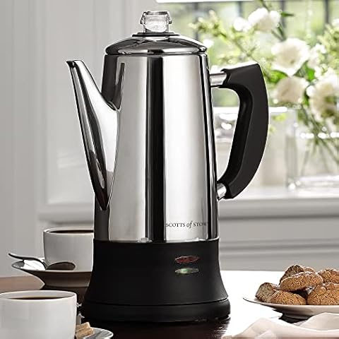 Burwells Electric Coffee Percolator - 1.4L Cordless 10 Cup Coffee Maker Machine - 32cm Tall Silver Mirror Finish Stainless Steel Cafetiere Cover