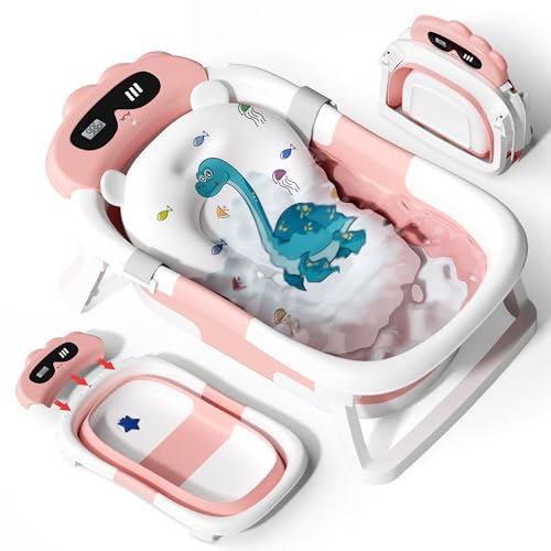 Image of AVIDOR Baby Bathtub,Collapsible Bathtub for Newborn to Toddler,Durable Essential Infant Bath Tub,Portable Travel Baby Tub with Soft Bath Net,No-Slip Feet and Dinosaur Shaped (Pink)