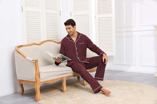 Image of Veseacky Mens 100% Cotton Pajamas Set Long Sleeve Button Down Sleepwear Soft Loungewear Pjs with Pockets