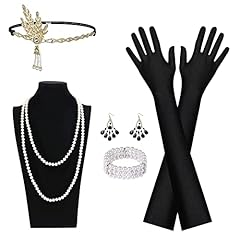 Aomig Accessori Anni '20, 6 Pz 1920 Accessori Set 20' Anni Accessori Set per Donna, Flapper-anni 20 Set di Accessori Anni '20 con Orecchini Collana Flapper-Fascia Lunghi Guanti Canna Braccialetto