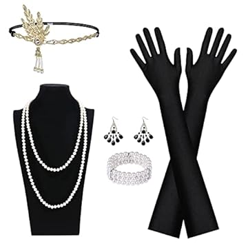 Aomig Accessori Anni '20, 6 Pz 1920 Accessori Set 20' Anni Accessori Set per Donna, Flapper-anni 20 Set di Accessori Anni '20 con Orecchini Collana Flapper-Fascia Lunghi Guanti Canna Braccialetto