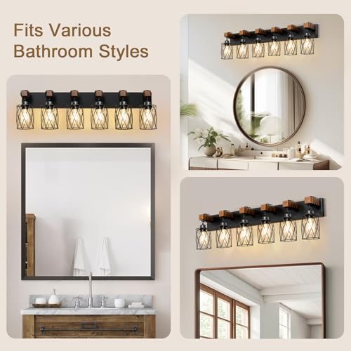 Image of IZORRO Farmhouse Bathroom Vanity Light, 6-Light Wood Bathroom Light Fixtures Over Mirror, Black Industrial Vanity Lights with Metal Shade, Rustic Restroom Lighting Fixtures