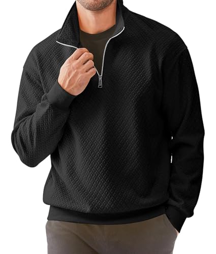 JMIERR - JMIERR Men's Quarter Zip Waffle Sweatshirt Casual Geometric Texture Long Sleeve Athletic Basic Quarter Zip Men Sweatshirts Stand Collar Outdoor Fall Pullover Sweaters Black Small - -5%