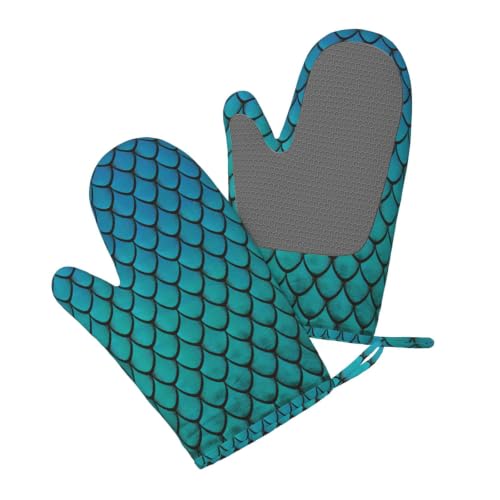 Ensemble de four anti-chaleur lavable motif écailles de poisson bleu cuisine - 4