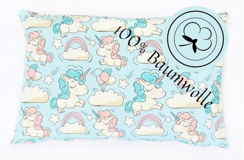 Balbina Kissenbezug 60 x 40 cm für Kinder & Babys, Kopfkissenbezug 100% Baumwolle, für Kinderzimmer, Kinderwagen oder Kinderbett, Baumwoll-Kopfkissenbezug mit Reißverschluss, Einhorn/Mint/Rosa