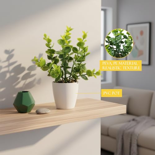 Image of KARP Artificial Potted Plants, 18Cm Height Faux Eucalyptus (Nilgiri or Safeda) Plant with White Pot Home Decor, Indoor Artificial Ornamental Plants for Living Room, Office Desk & Bathroom, Decorative