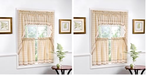 Image of Sweet Home Collection 5 Pc Kitchen Curtain Set, Swag, Valance, 24 inch Tier Pair, Adirondack Toast (Pack of 2)